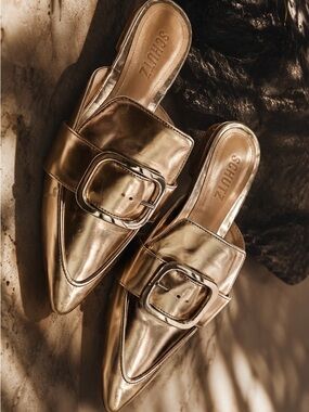 SCHUTZ Women’s Metallic Gold Pointed Buckle Mules size 7